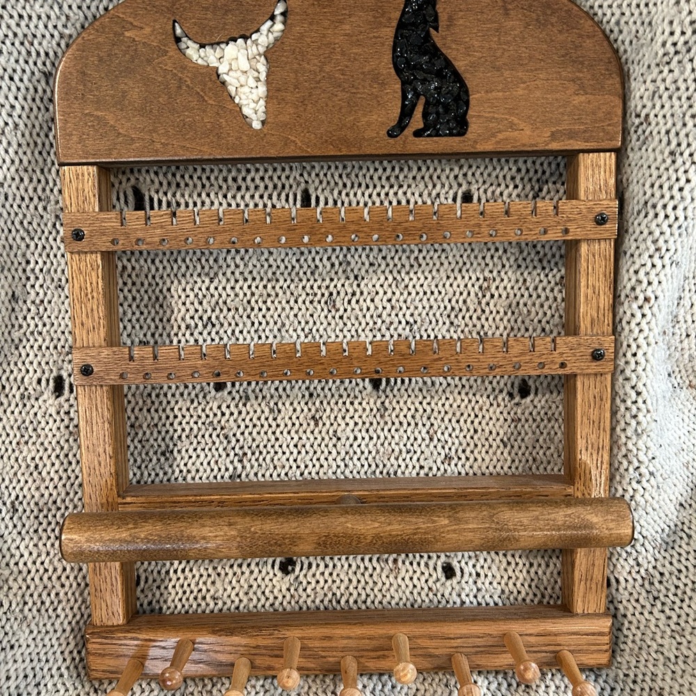 Rustic wood & stone jewelry wall display